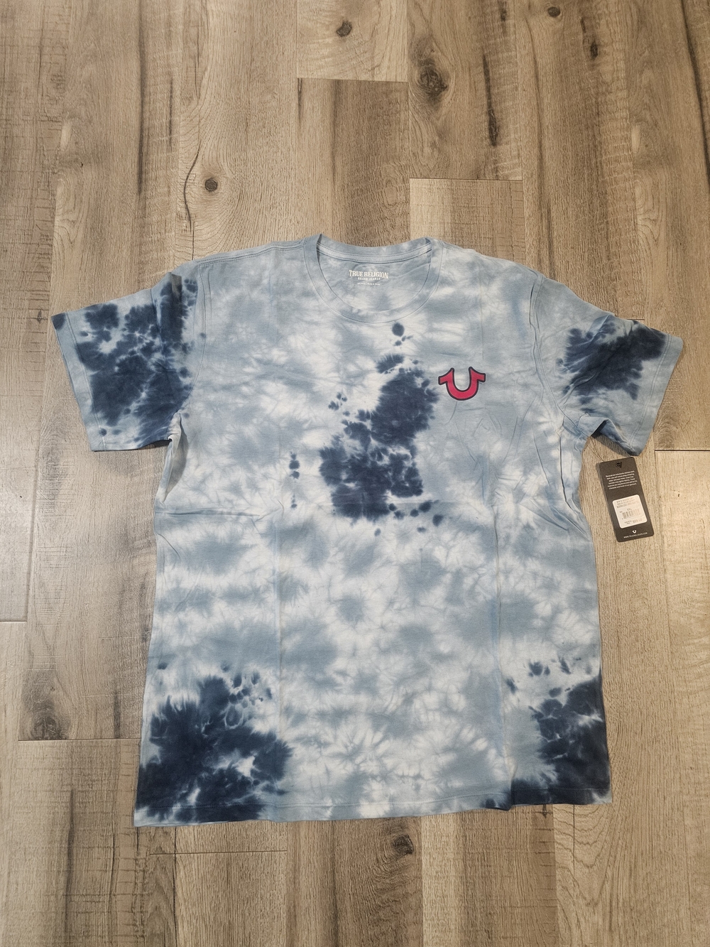True Religion Men’s Light Blue & Navy Tie-Dye Tee with Pink Logo